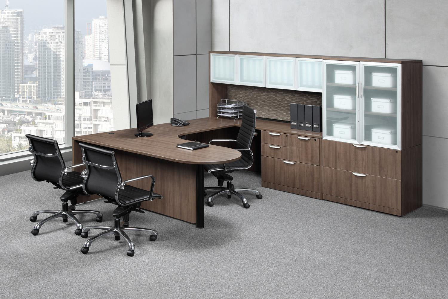 Executive Peninsula Desk with Frosted Glass Hutch and Lateral Storage