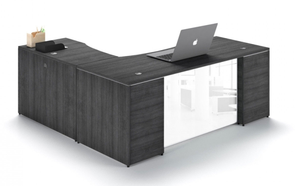Modern L Shaped Desk with Glass Modesty Panel