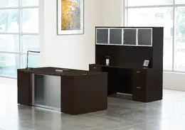 Bow Front Desk and Credenza with Hutch - Step Front