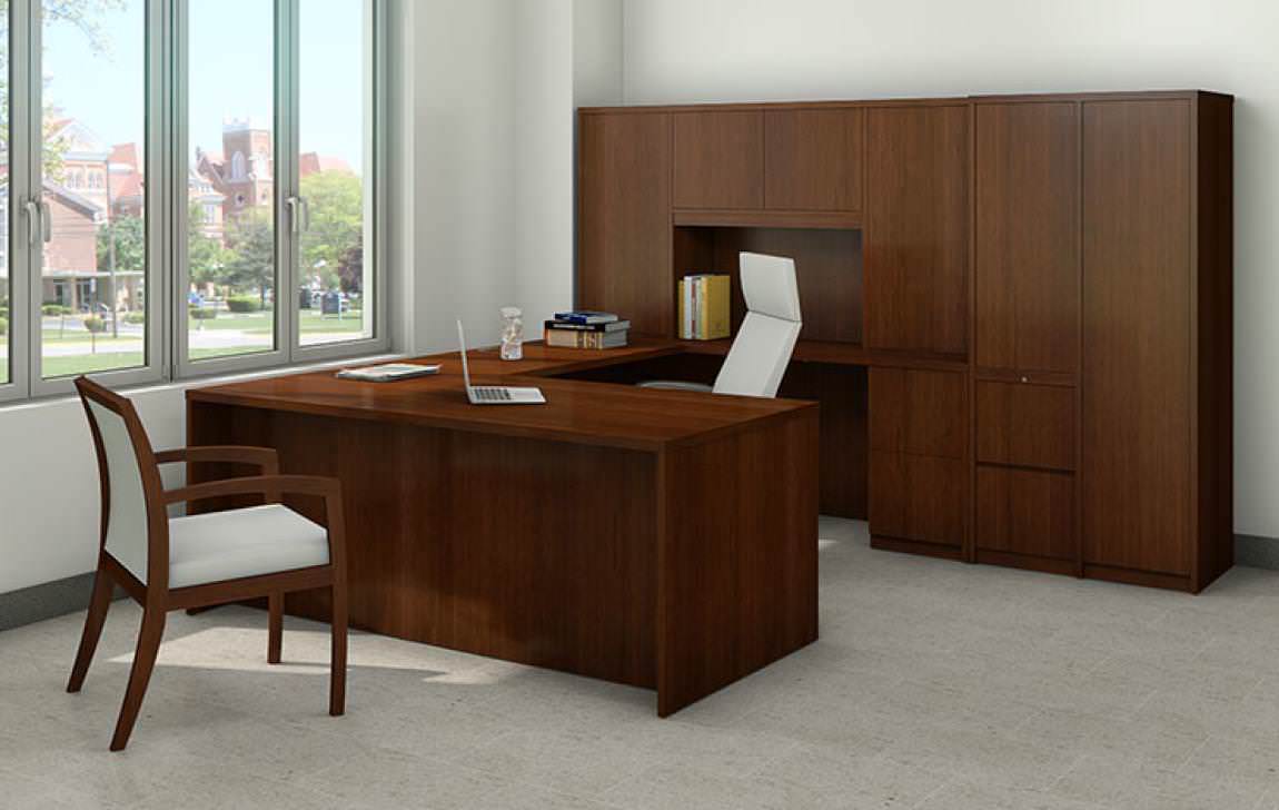 U-Shape Basics 3 Series Desk with Hutch and Utility Storage Cabinet