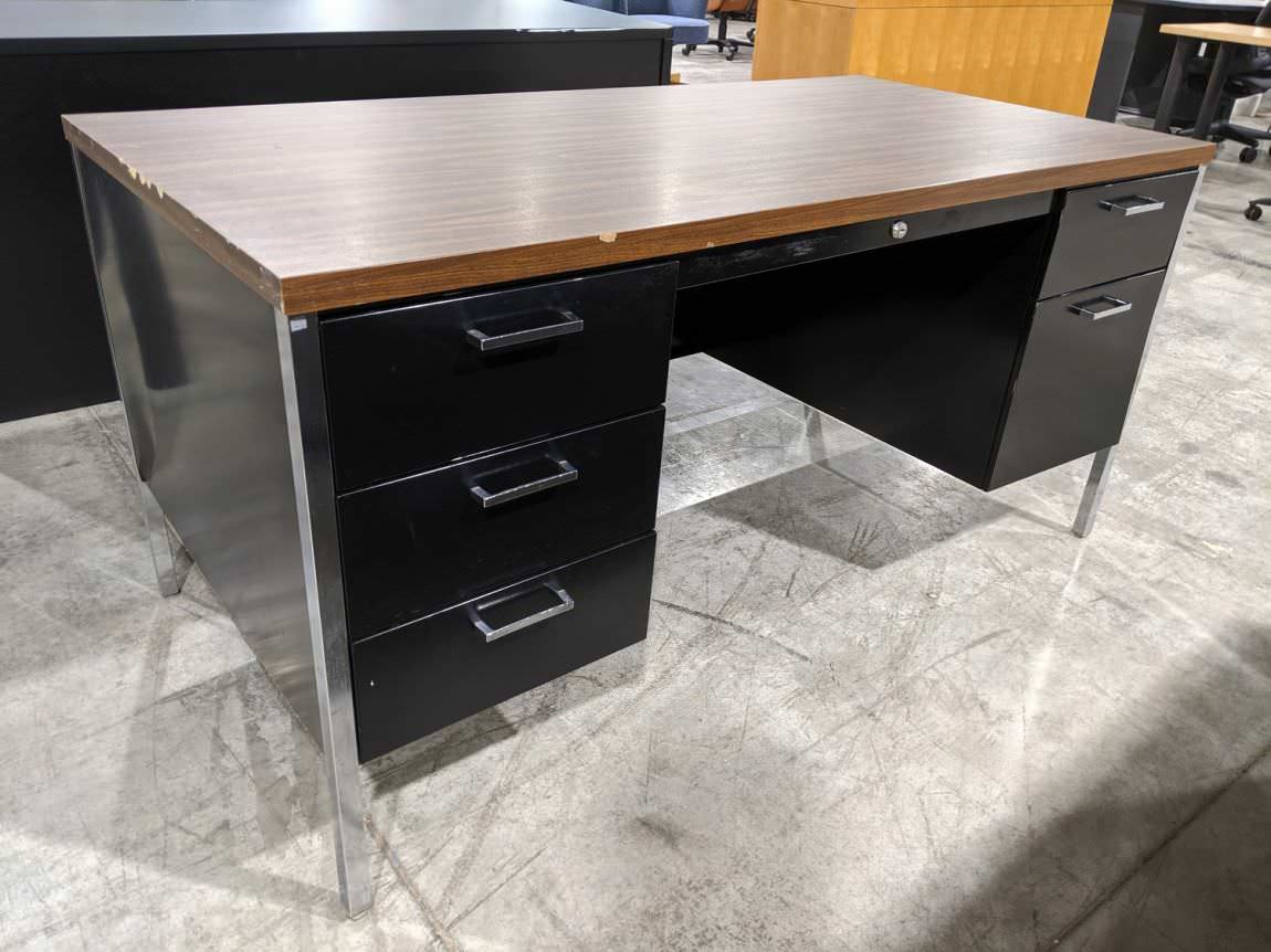 Black Metal Desk with Walnut Laminate Top and Drawers