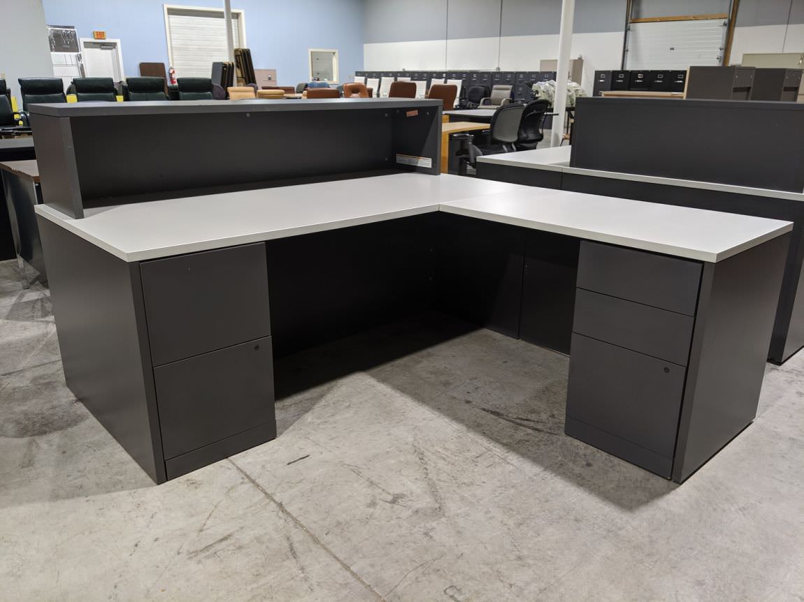 Putty Laminate L-Shape Reception Desk with Gray Base
