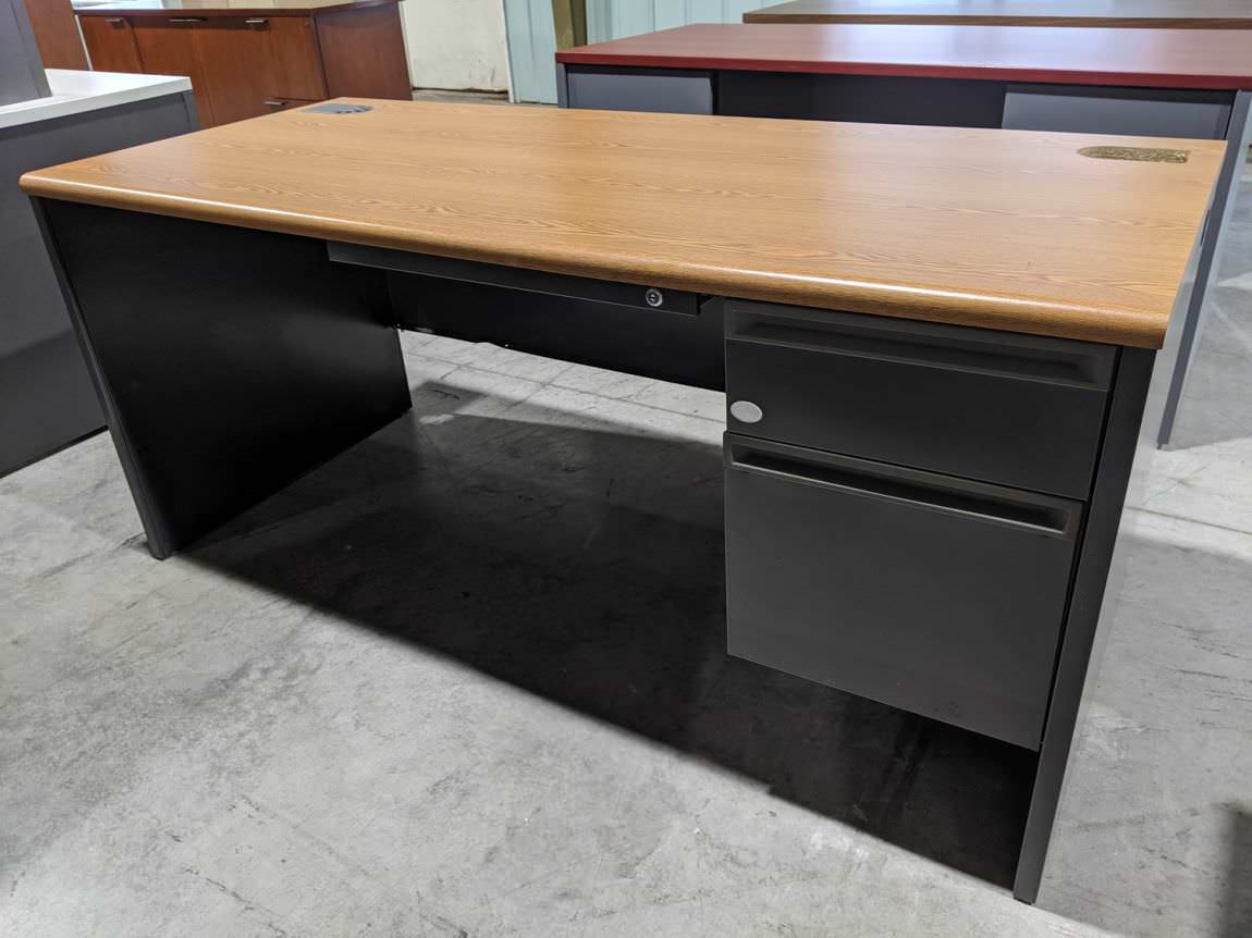 Hon Oak Laminate Desk with Drawers - Right Pedestal