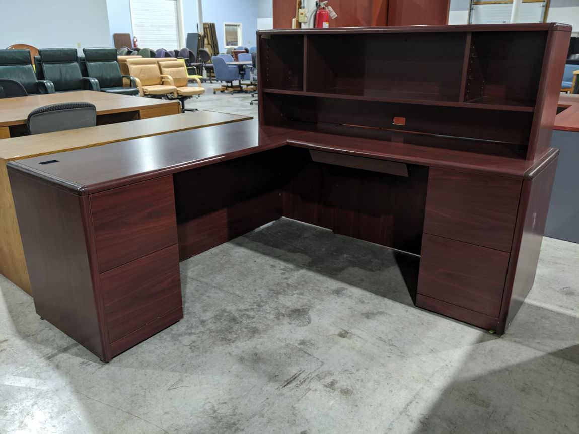 Hon Mahogany Laminate L-Shape Desk with Drawers and Hutch