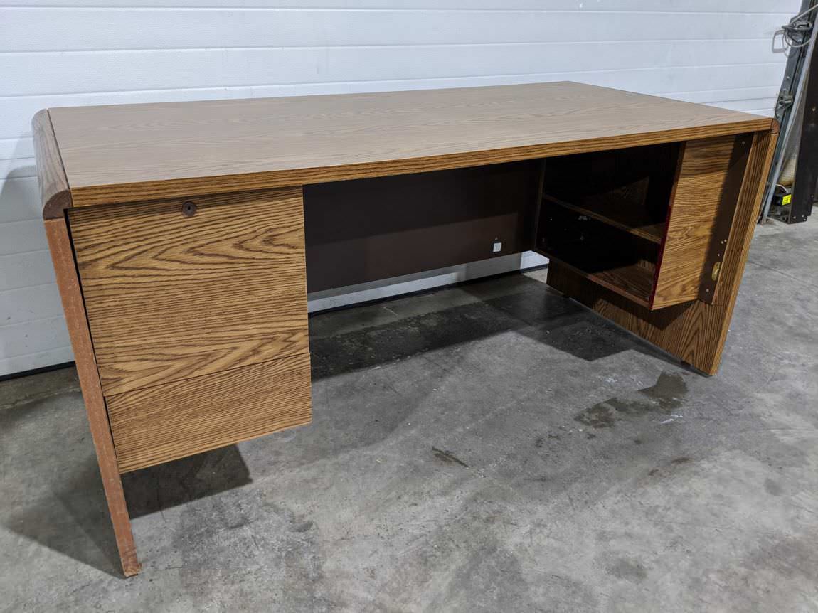Walnut Laminate Desk with Drawers - Left Pedestal