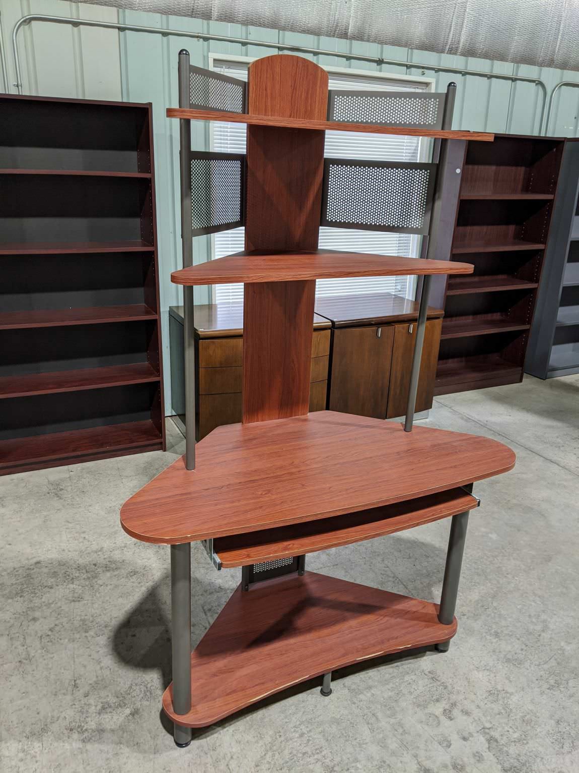 Cherry Laminate Corner Desk with Keyboard Tray and Shelves