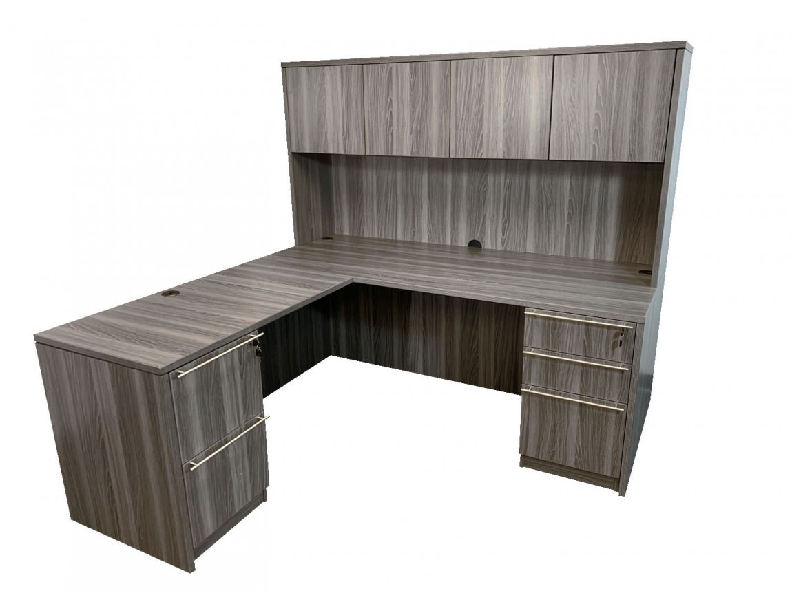 Gray L Shaped Desk with Hutch and Drawers Madison Liquidators