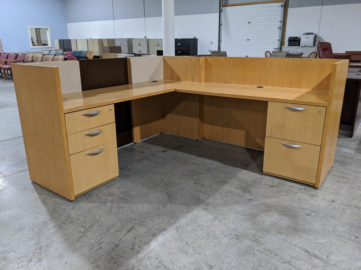 Oak Laminate L Shape Desk with Drawers