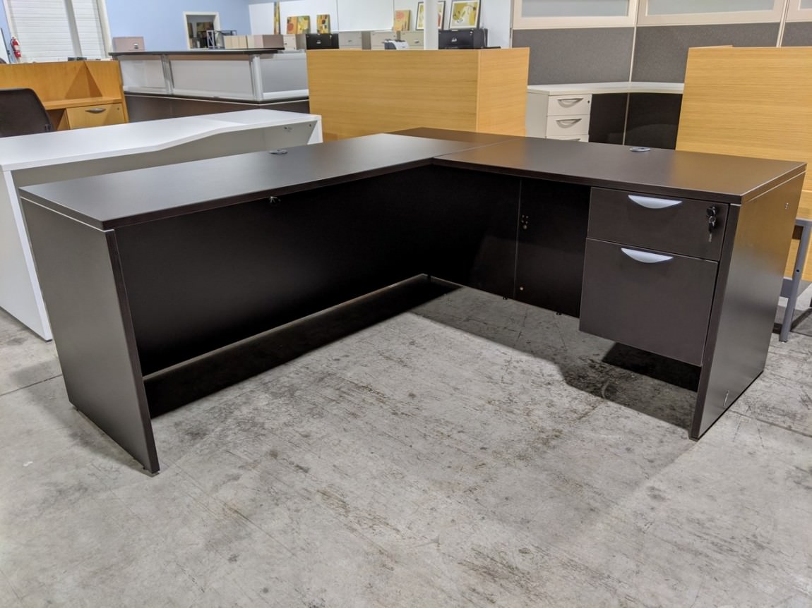 Dark Walnut Laminate L-Shape Desk with Drawers