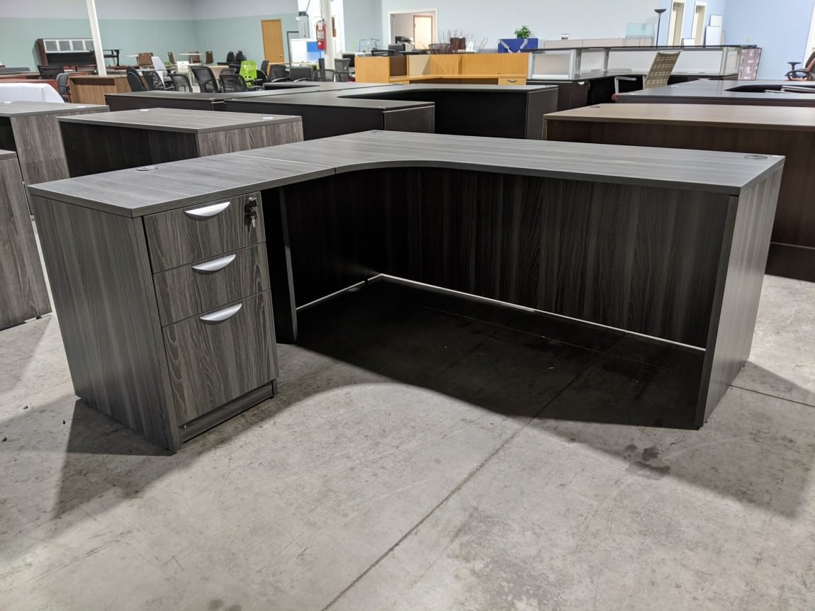 Gray Laminate L-Shape Desk with Drawers
