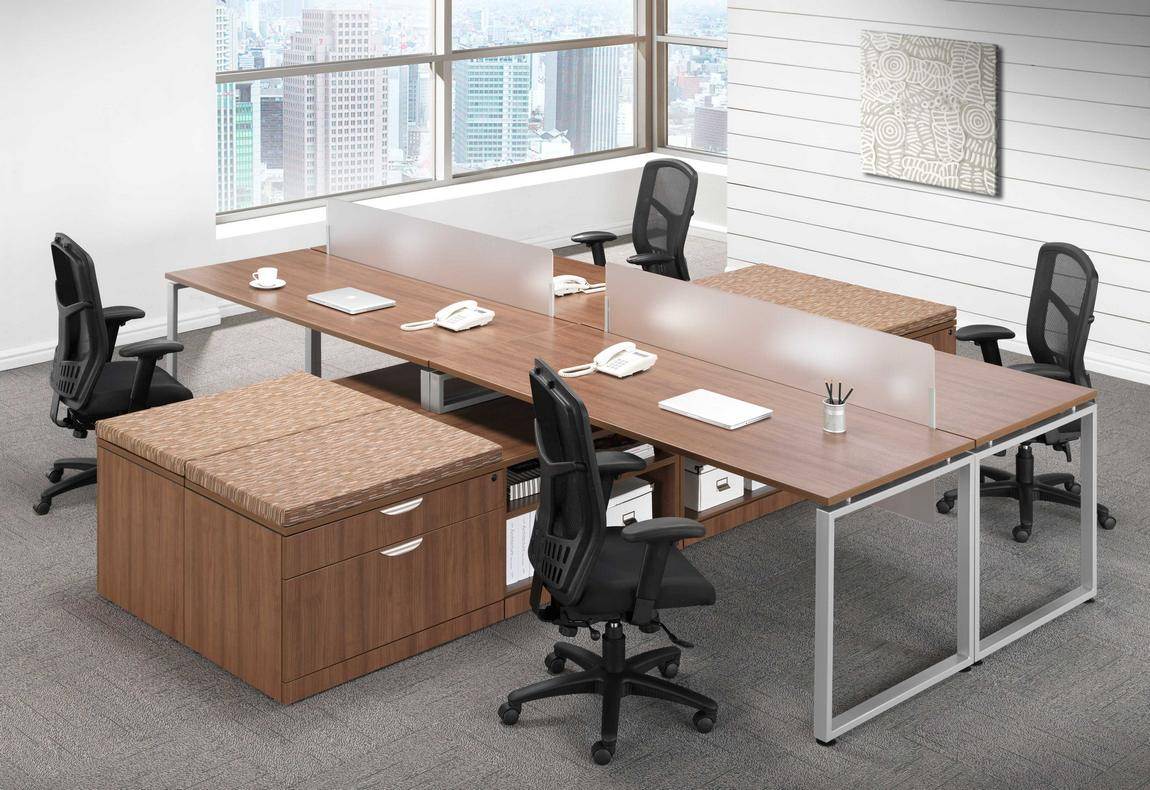 4 Person Workstation Desk with Frosted Dividers and Bench Seats