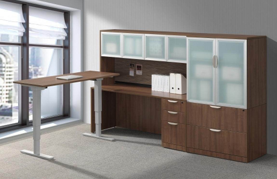 L Shape Desk With Height Adjustable Workstation And Frosted Glass
