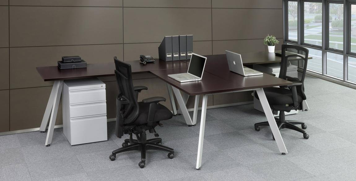 Modern T-Shaped Desk with White Drawers and Silver V-Legs