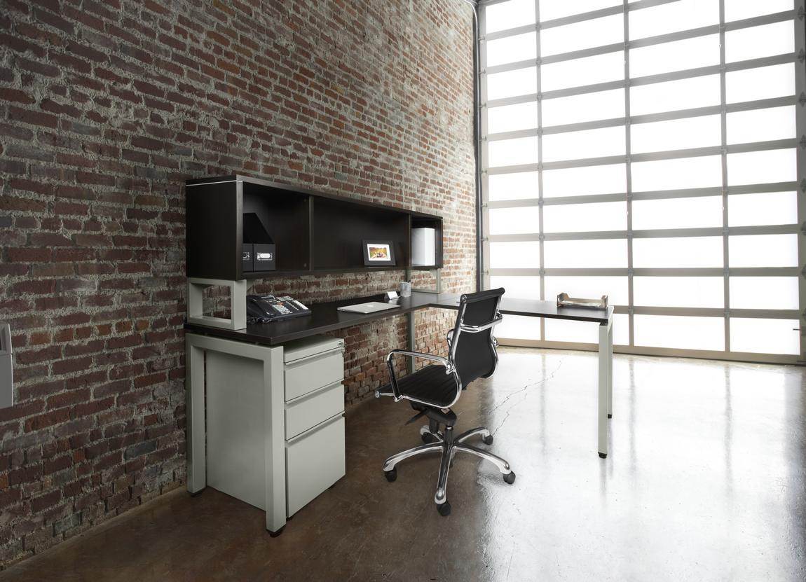 Modern L Shaped Desk with Straight Silver Legs and Open Overhead Storage