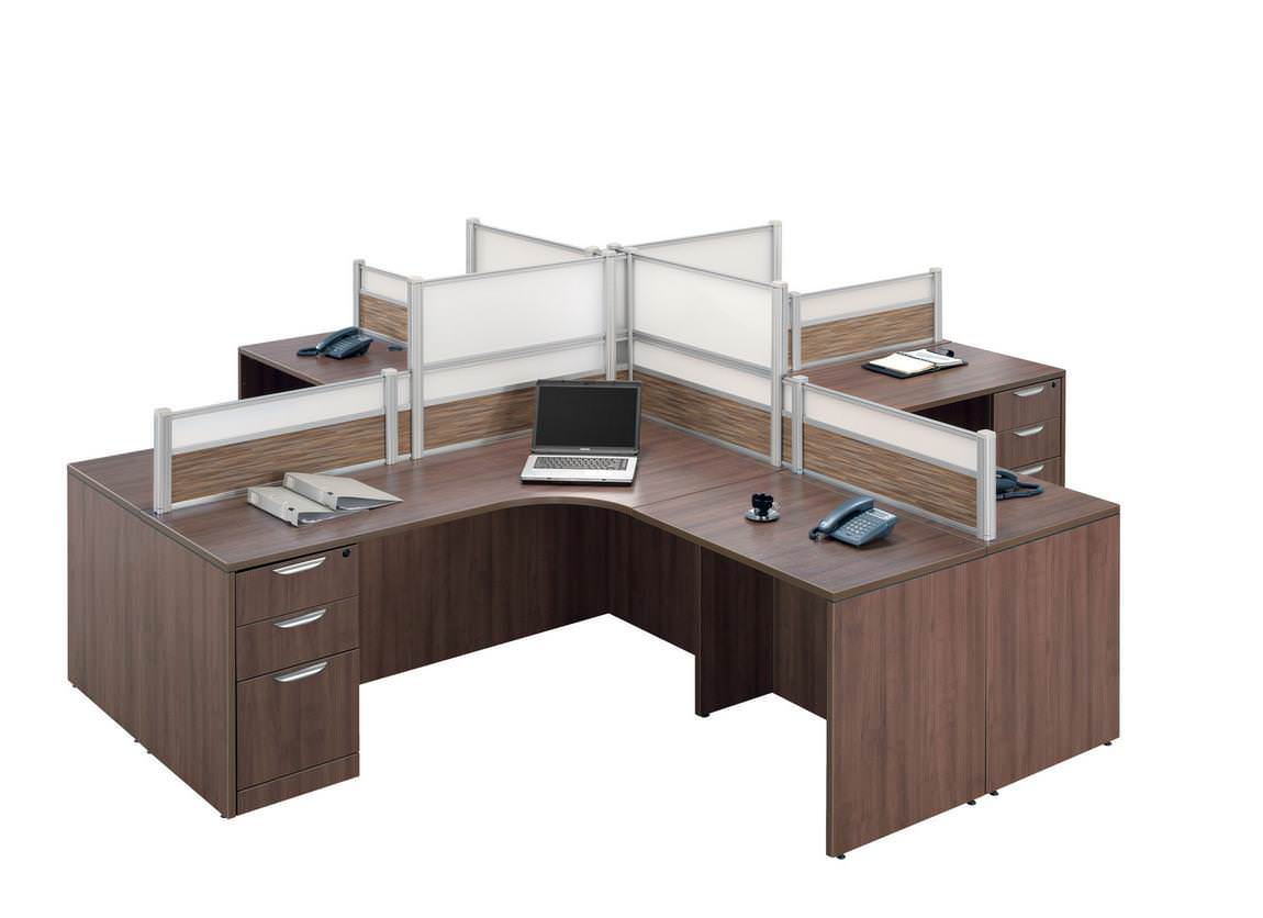 Modern Walnut 4 Person Desk Pod with Whiteboard and Fabric Privacy Panels