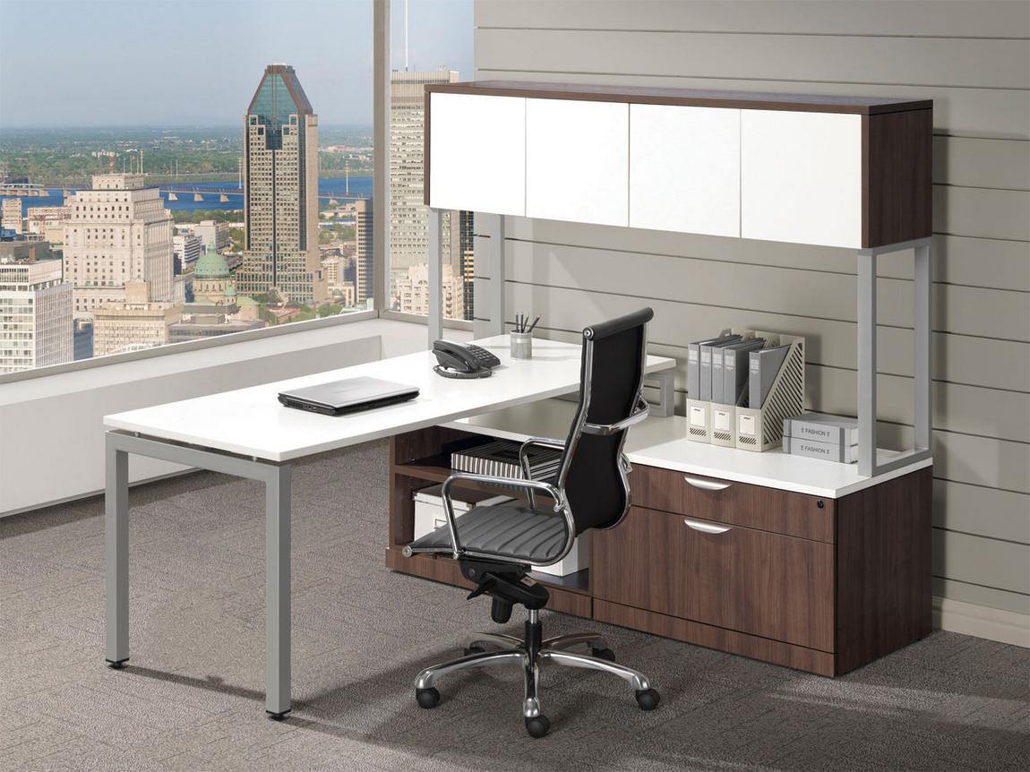 Multi-Tier White Modern Walnut L Shape Desk Hutch | Elements | Harmony  Collection