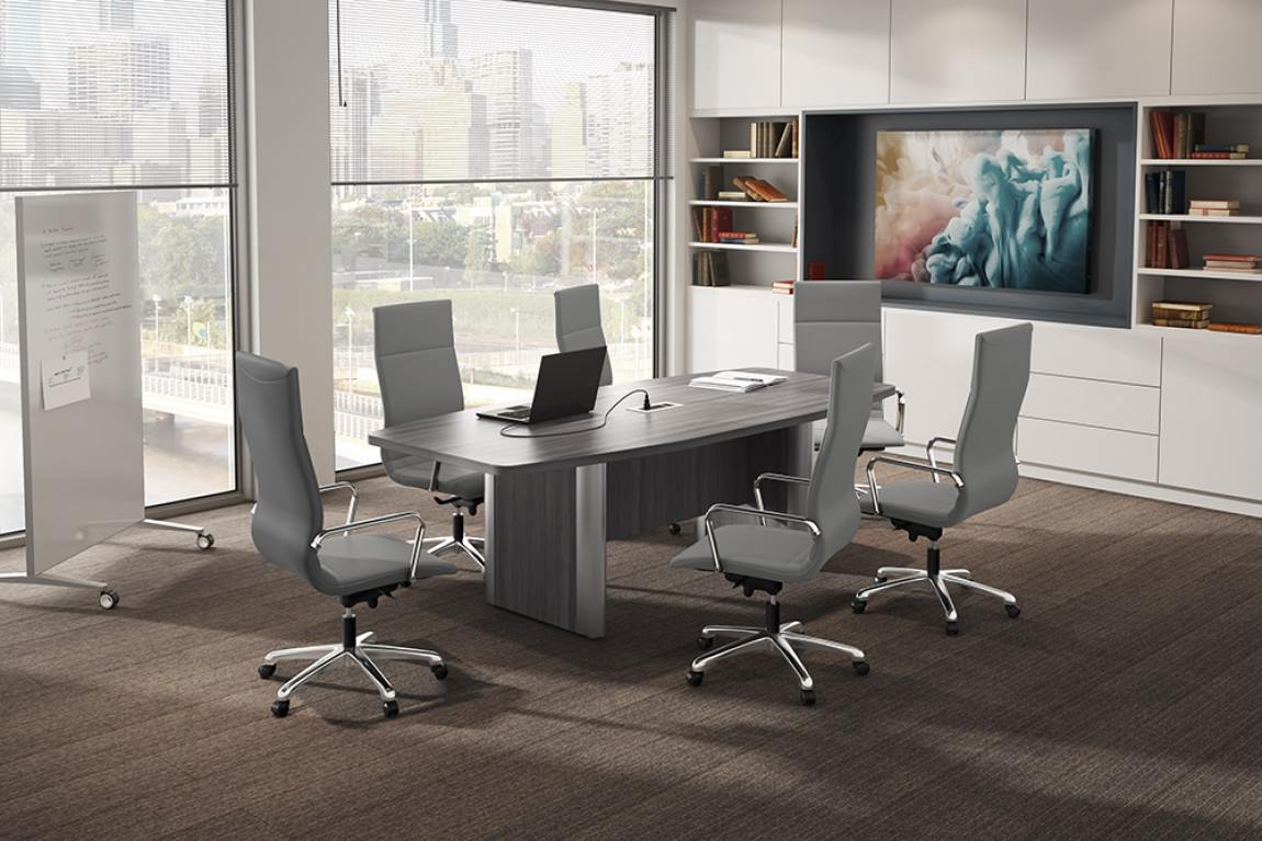 Boat Shaped Conference Table with Silver Accented Legs