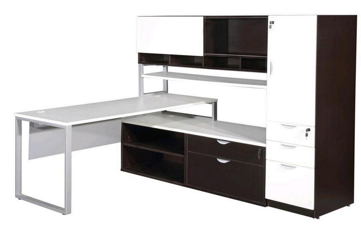 White L Shape Desk With Side Storage Tower And Hutch