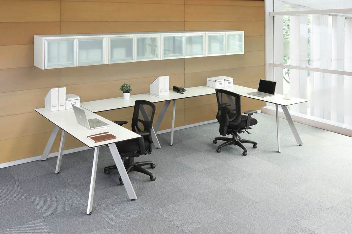 White L Shape Desk with Silver V Legs and Overhead Frosted Glass Door Storage