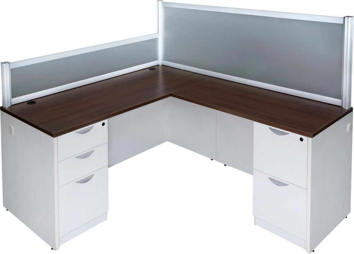 White Modern Walnut L Shape Desk with Drawers and Privacy Panels