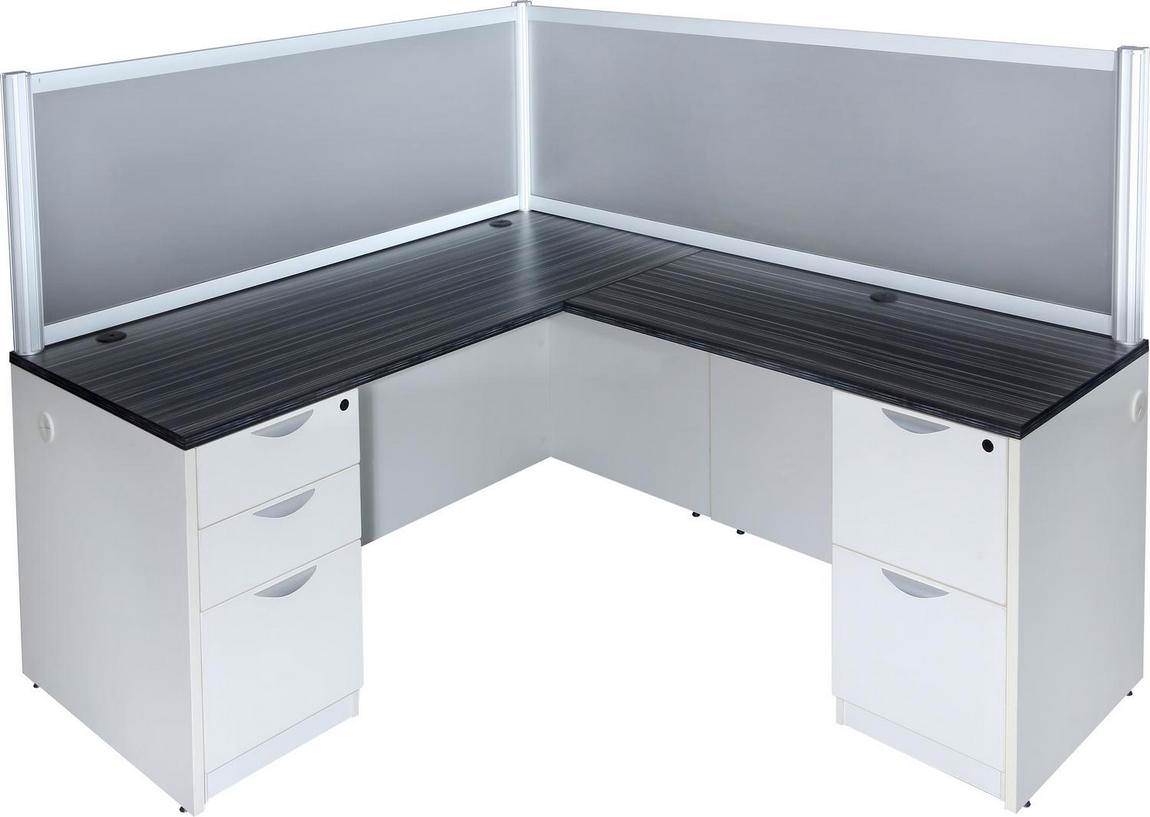 White and Gray L Shaped Desk with Locking Drawers and Privacy Panel