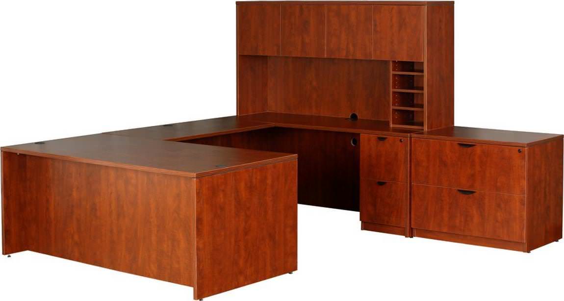 Cherry U Shape Desk with Hutch and Lateral File