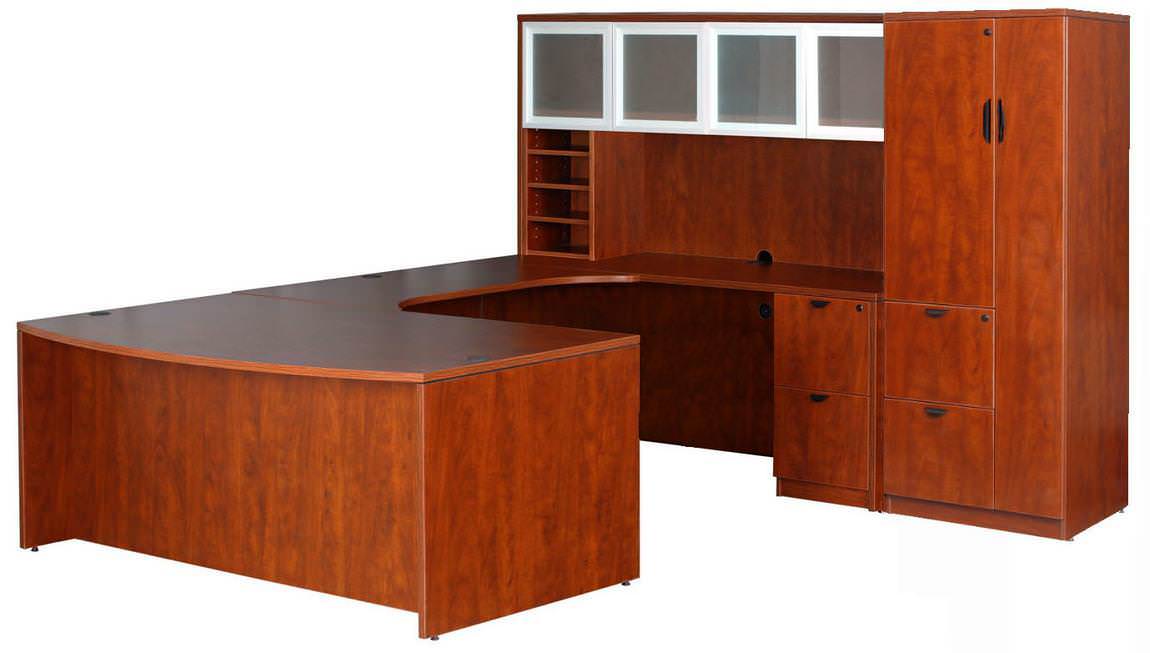 Executive U Shape Desk Glass Door Hutch, Executive U Shaped Desk With Hutch And Storage Cabinet