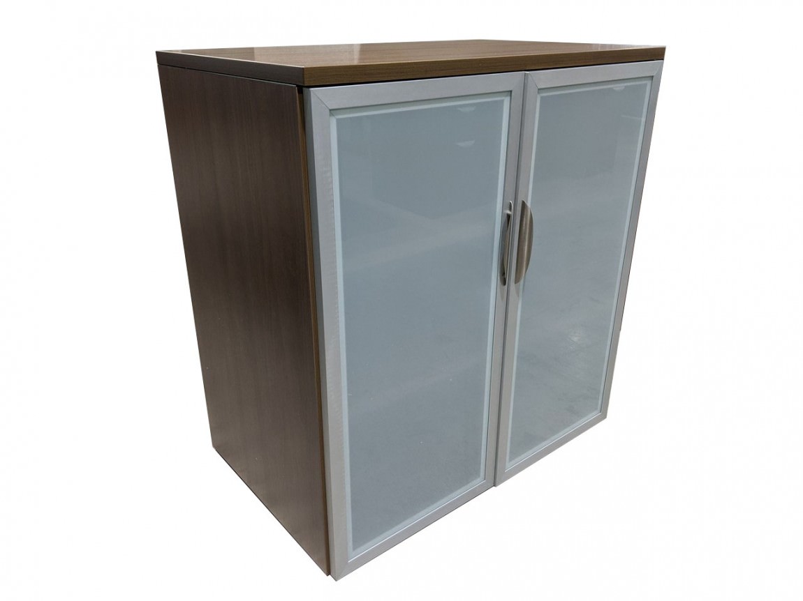 Modern Walnut Storage Cabinet with Glass Doors - 35.5 Inch Wide 