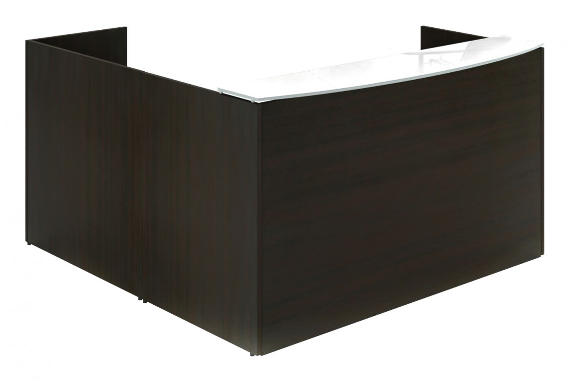 L Shaped Reception Desk With White Glass Transaction Counter