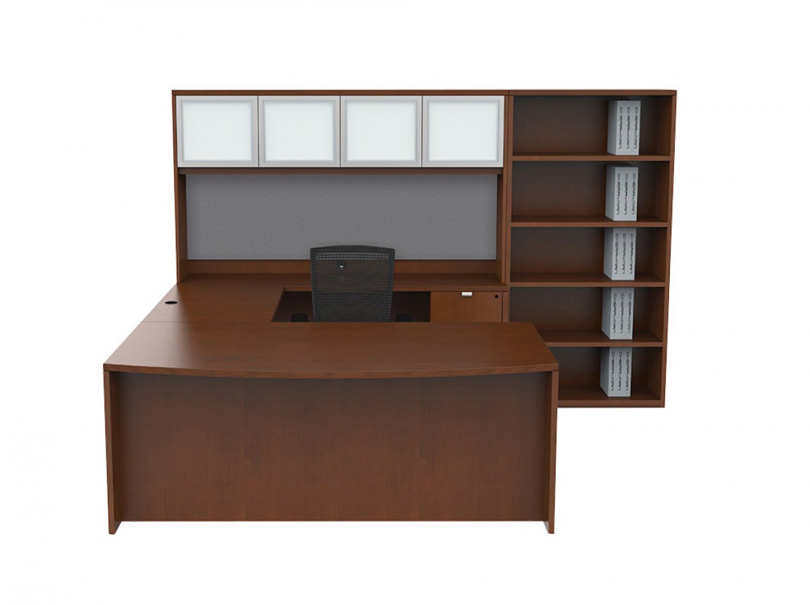 Bow Front U Shaped Desk with Hutch and Bookcase