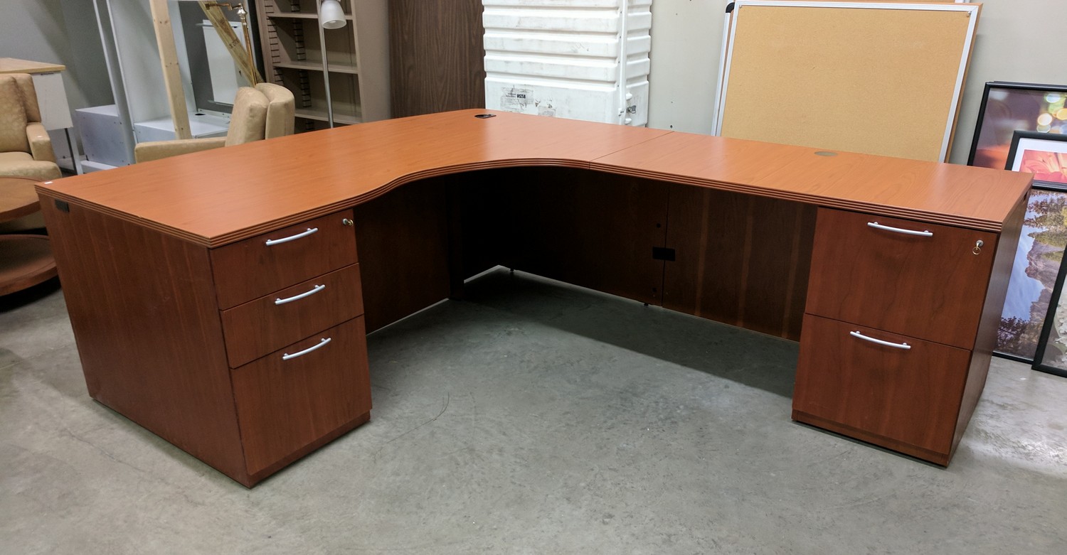 Paoli Oak Laminate LShaped Bow Front Desk with Drawers