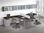 Contemporary 2 Person T Shape Desk with Glass Accent Storage Cabinets