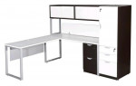 L Shaped Desk with Silver Legs Espresso Accents Hutch and Side Storage
