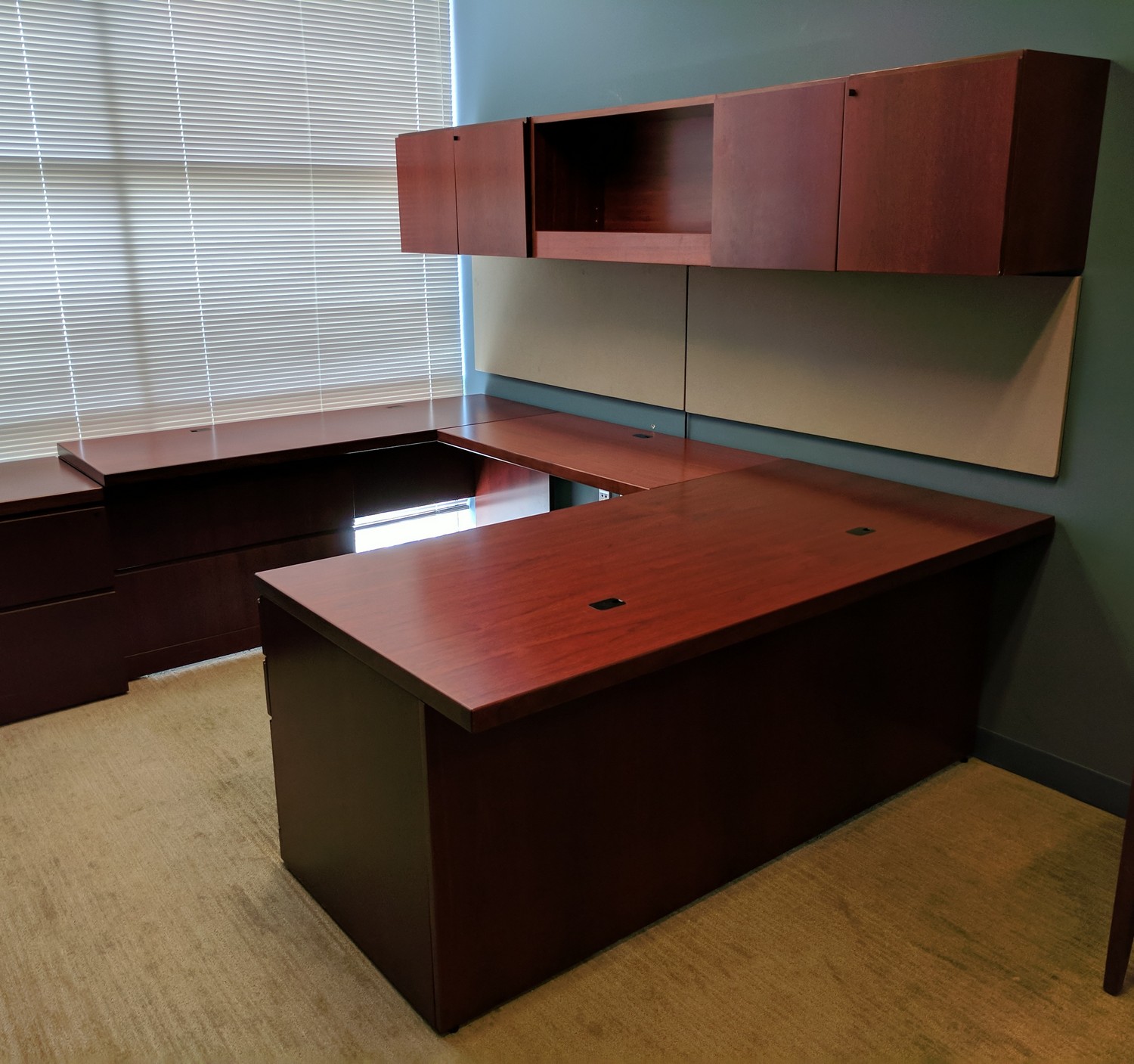 Solid Wood Cherry UShape Desk with Overhead Storage