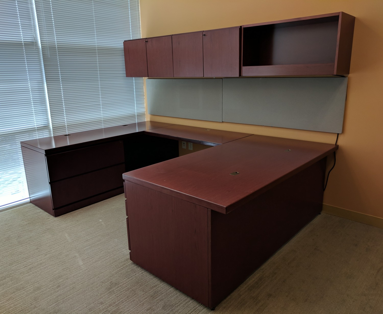 Solid Wood Cherry UShape Desk with Overhead Storage Left Bridge