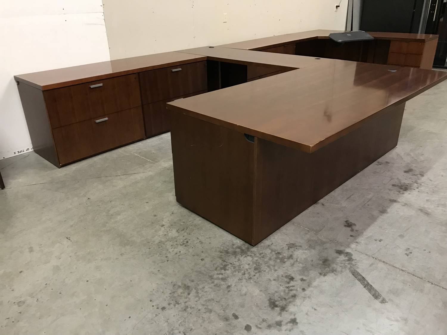 National Solid Wood Cherry UShape Desk with Drawers