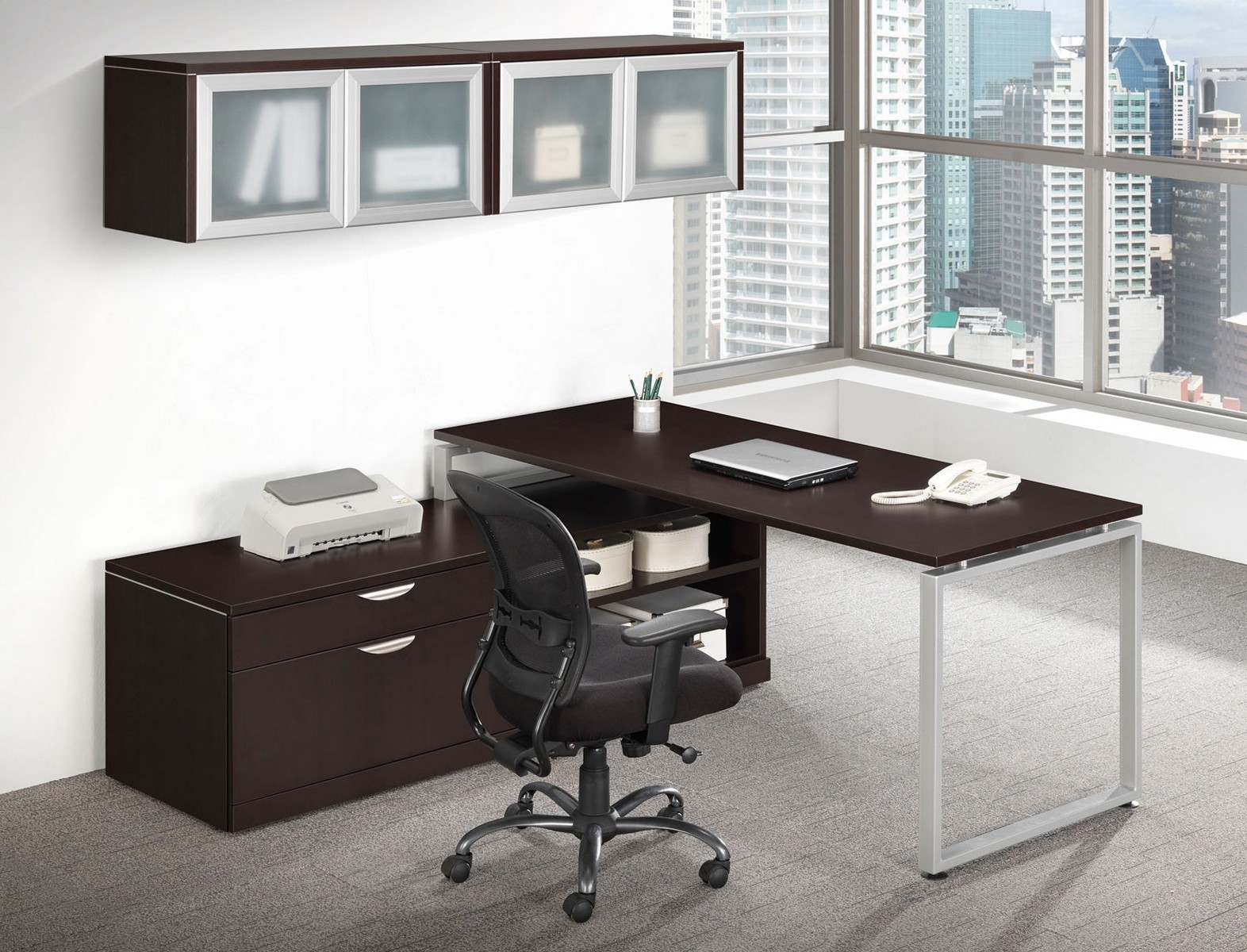 Modern L Shaped Desk with Overhead Storage Madison Liquidators