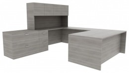 U-Shaped Desk with Drawers and Shelves - Amber