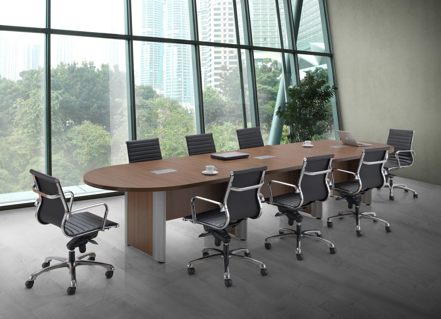 Racetrack Conference Table with Silver Accent Legs and Chairs Set