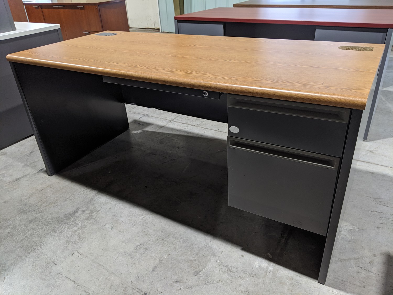 Hon Oak Laminate Desk with Drawers Right Pedestal