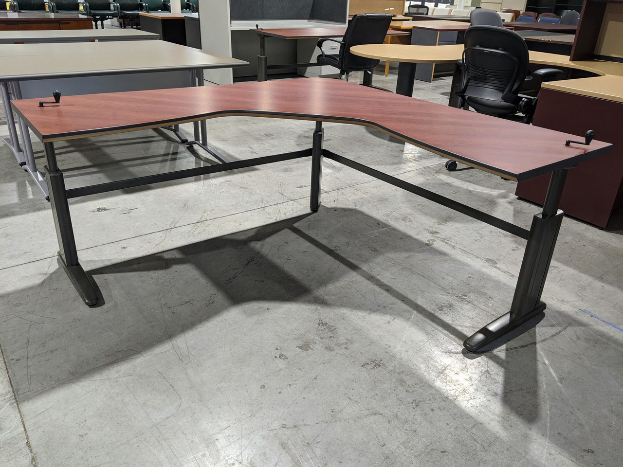 Cherry Laminate LShape Height Adjustable SitStand Desk