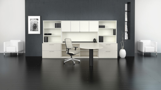 White Peninsula Desk with Hutch and Lateral Filing Cabinets