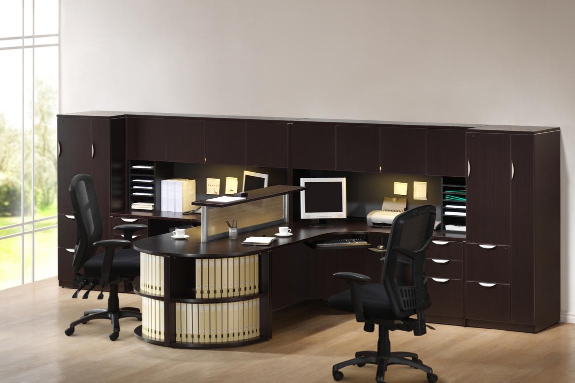 2 Person T Shaped Executive Desk with Hutch and Bookcases